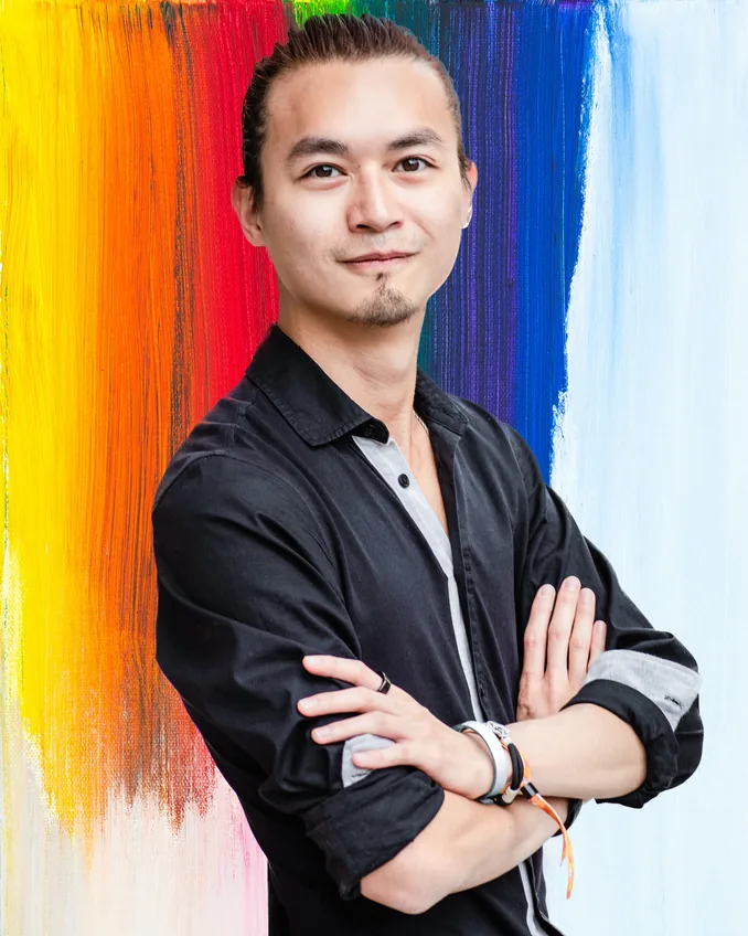 Freeman Fung, half body shot, colorful background